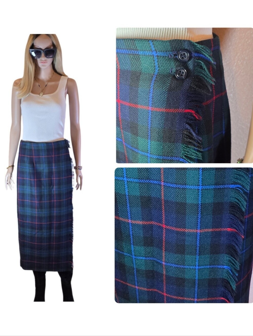 Rafaella Vintage Plaid 100% Wool Wrap Midi Skirt Fringe Trim 29.50" Waist 34" L